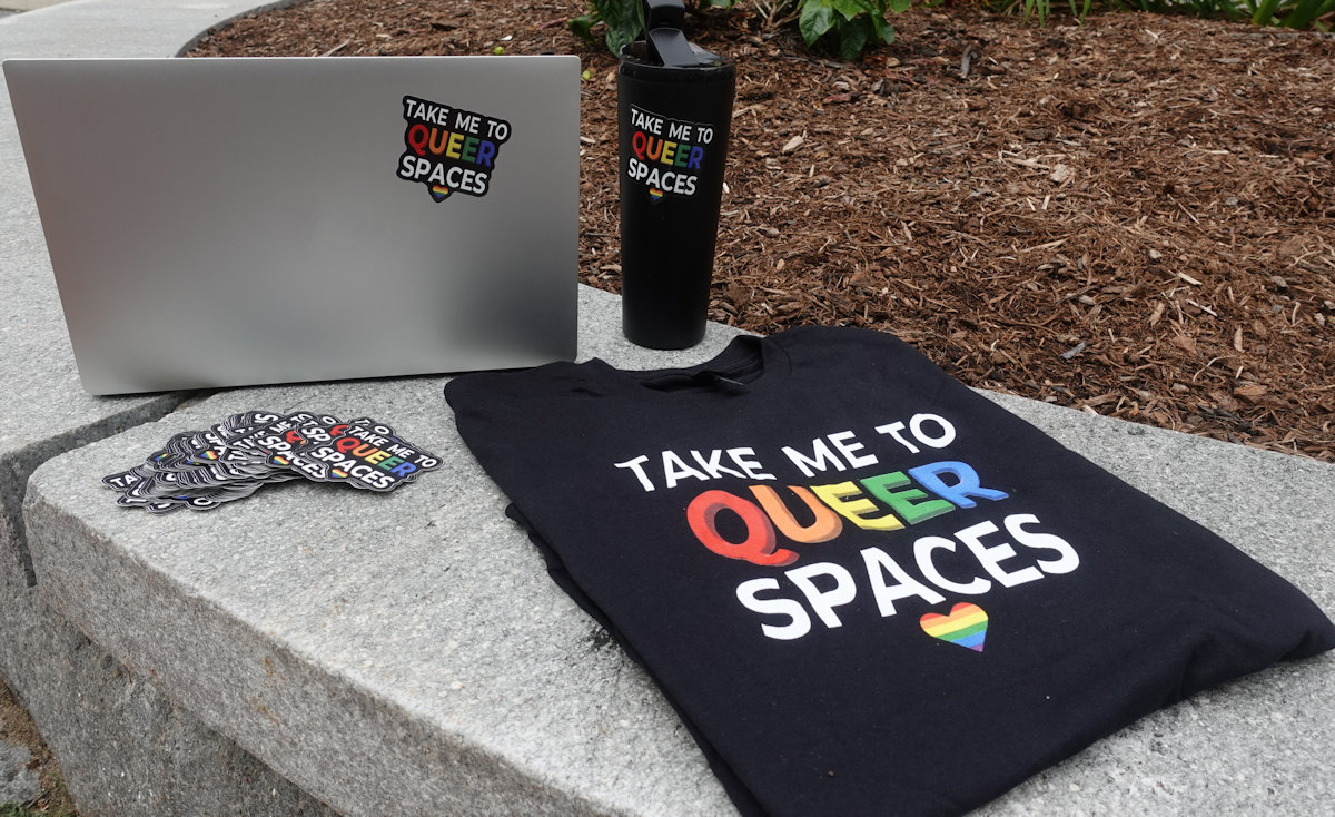 TAKE ME TO QUEER SPACES tee,tote, and stickers